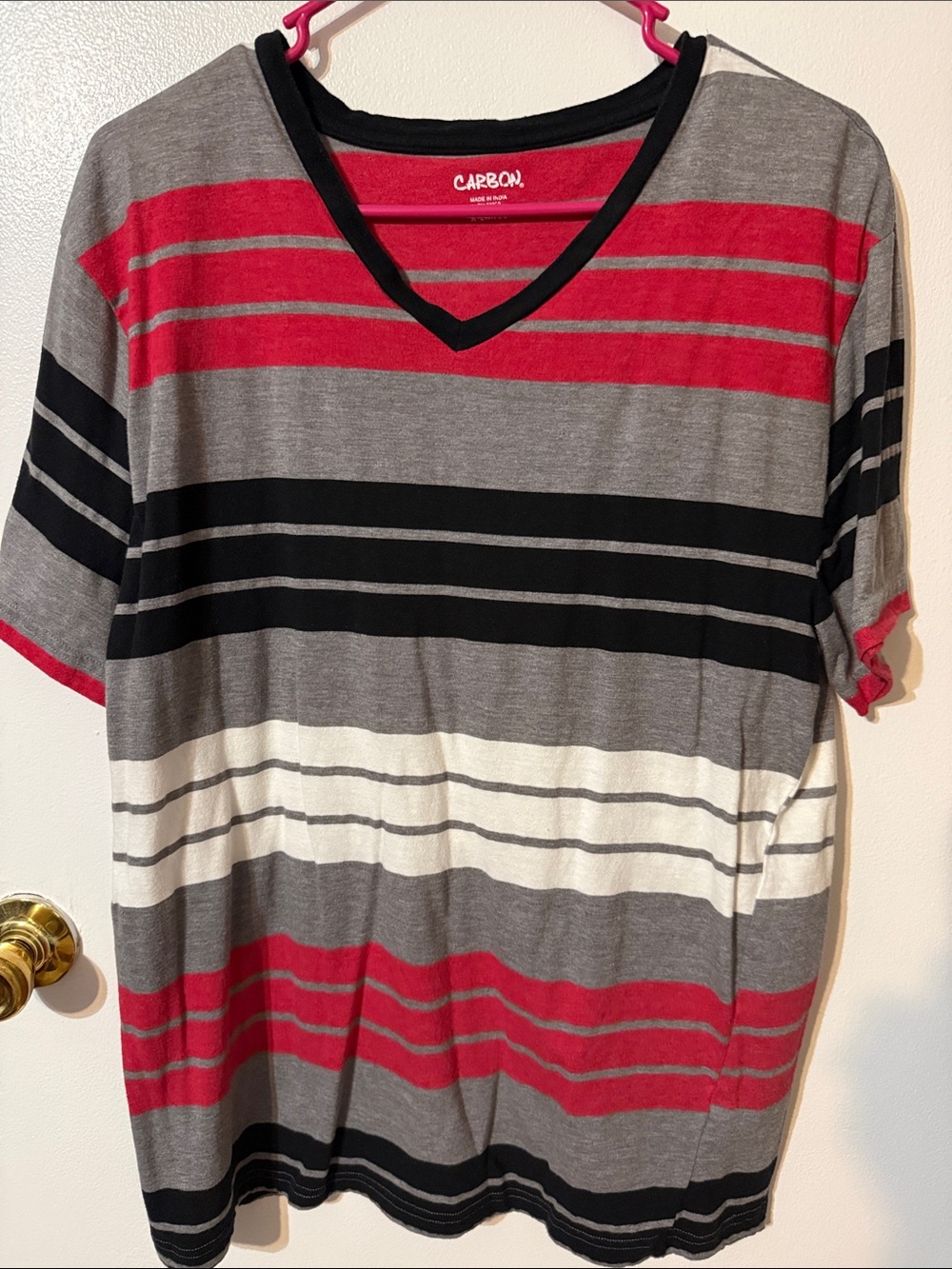 Carbon Striped V-Neck Tee in Gray, Red, Black & White